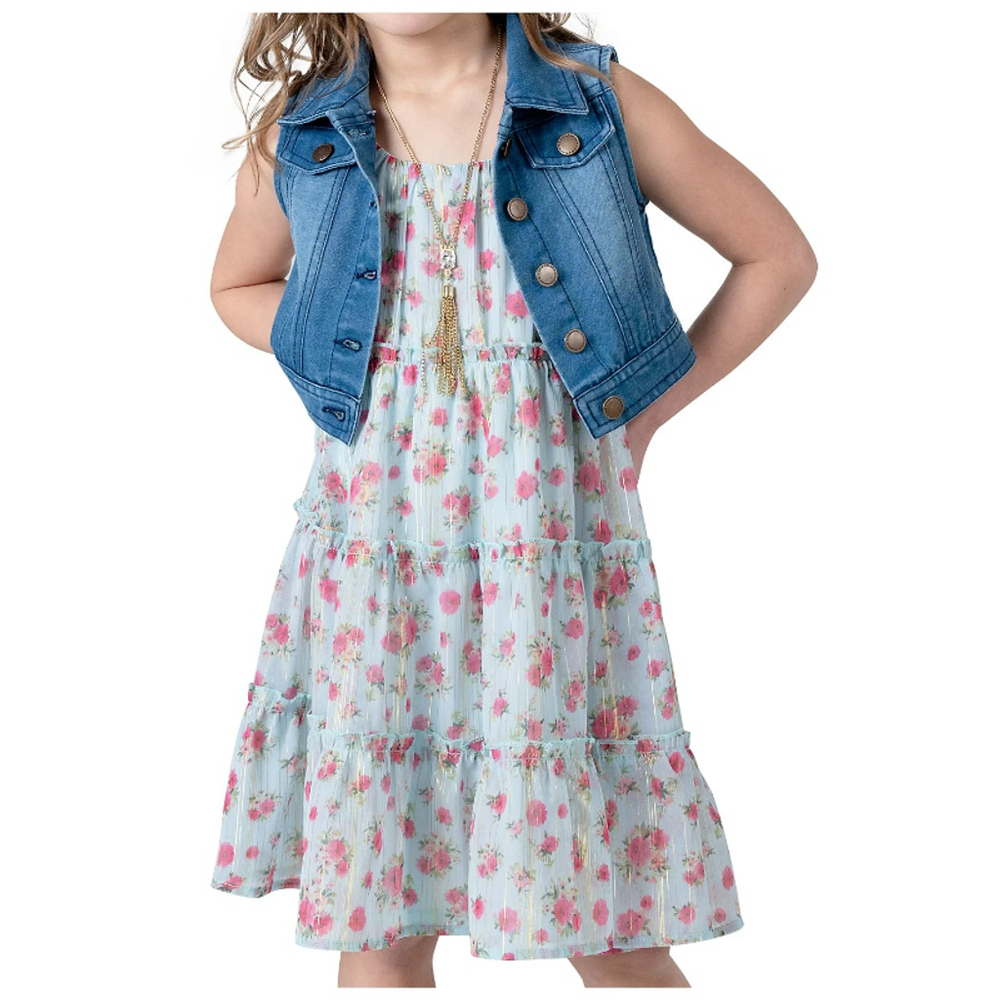 Rare Editions Girls Size 6 Blue Chiffon Floral Dress w/ Gold Detailing NWT